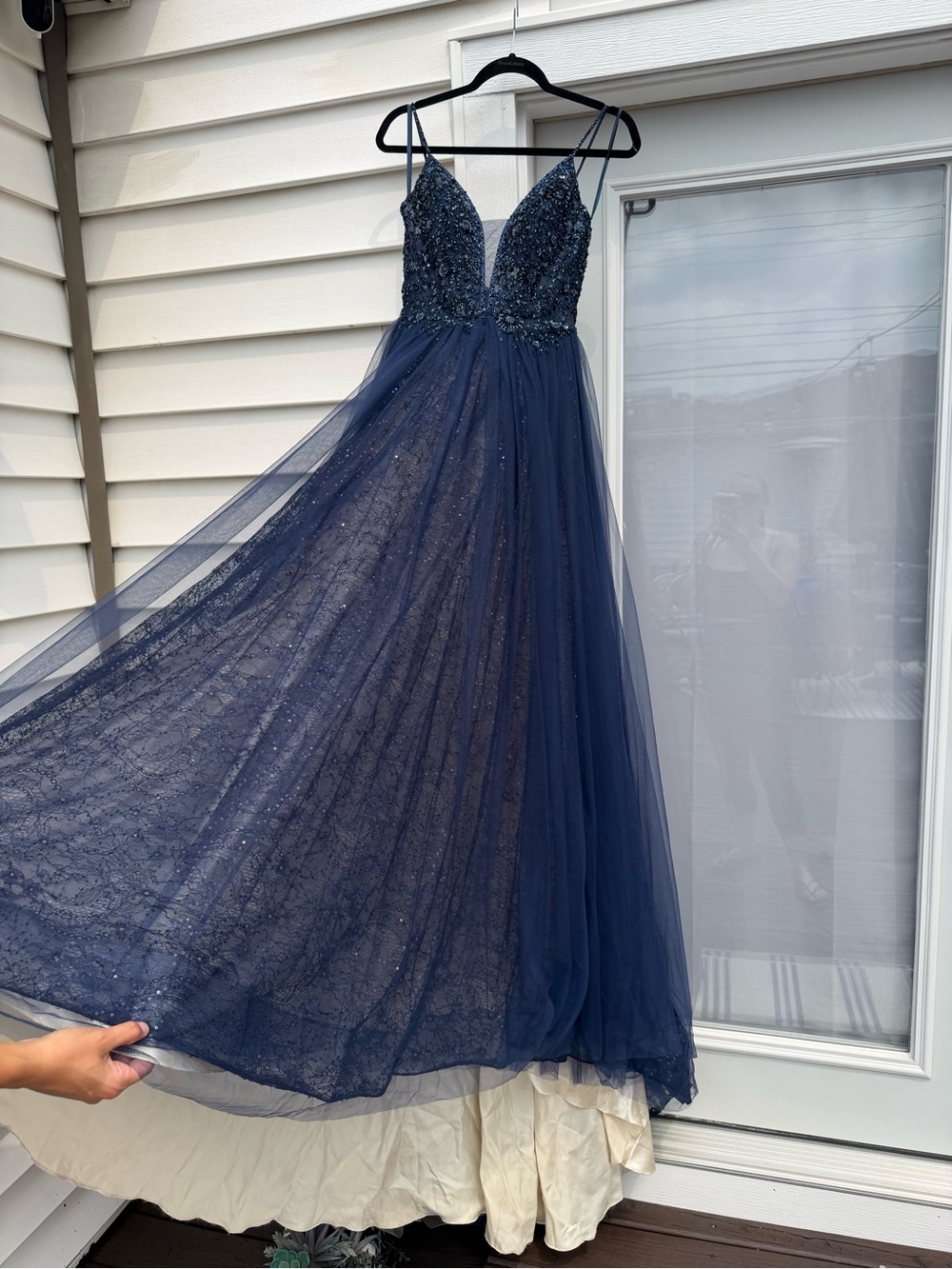 Dave & Johnny Navy Beaded Tulle Prom Dress